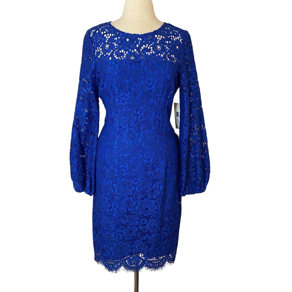 Eliza J Lace Cocktail Dress Women's Sz 10 Blue Long Balloon Sleeve Sheath